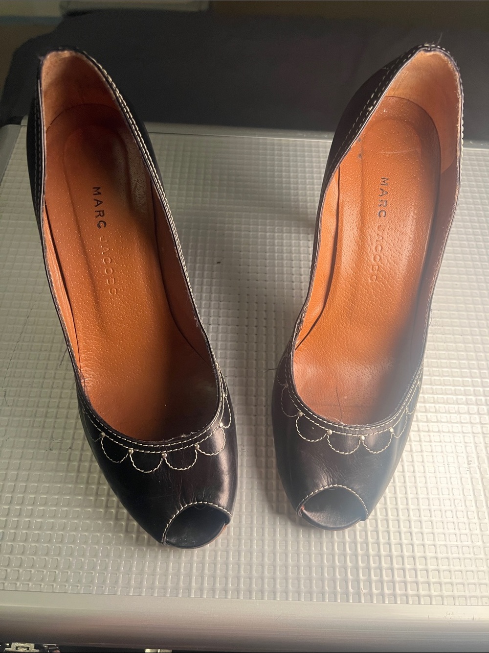 Marc Jacobs dark deep brown Peep-Toe Leather Heels with Contrast Stitching